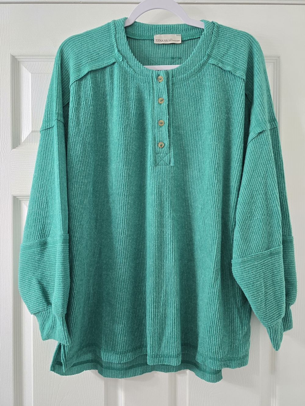 Zenana Ribbed Brushed Hacci Melange Henley Green - L/XL